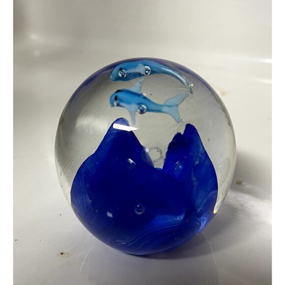 Hand Blown Glass Ocean Blue Ball Fish Sharks Art Paperweight Round - Picture 4 of 5